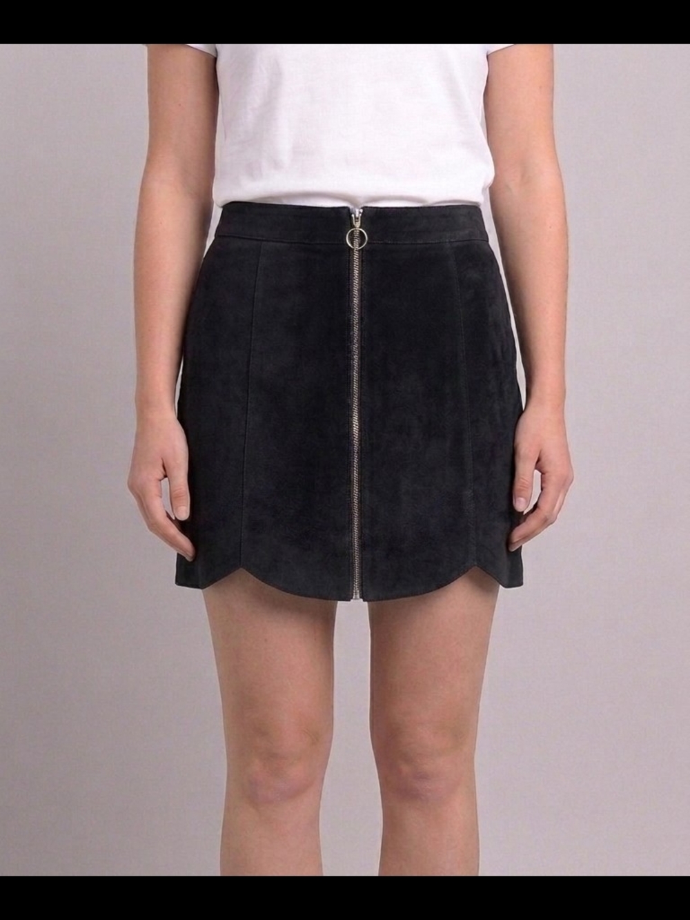 Monki Black Genuine Suede Mini Skirt - Size EU 36 / US S (Scalloped Hem)